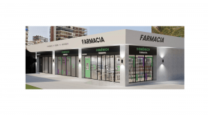 Diseño de fachada de Farmacia en proyecto de reforma integral en Alicante por STUDIOLYKE 3D